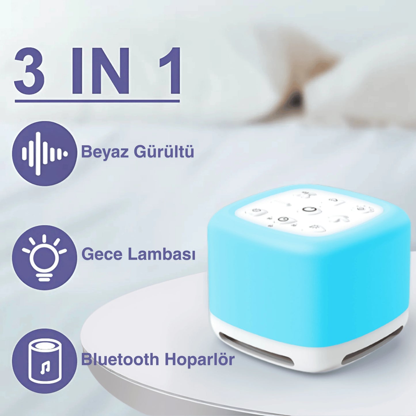 Ezliva Uyku Uzmanı | Beyaz Gürültü Makinesi & Bluetooth Hoparlörlü Renkli Gece Lambası (40 Farklı Ses, Zamanlayıcı ve Şarjlı)