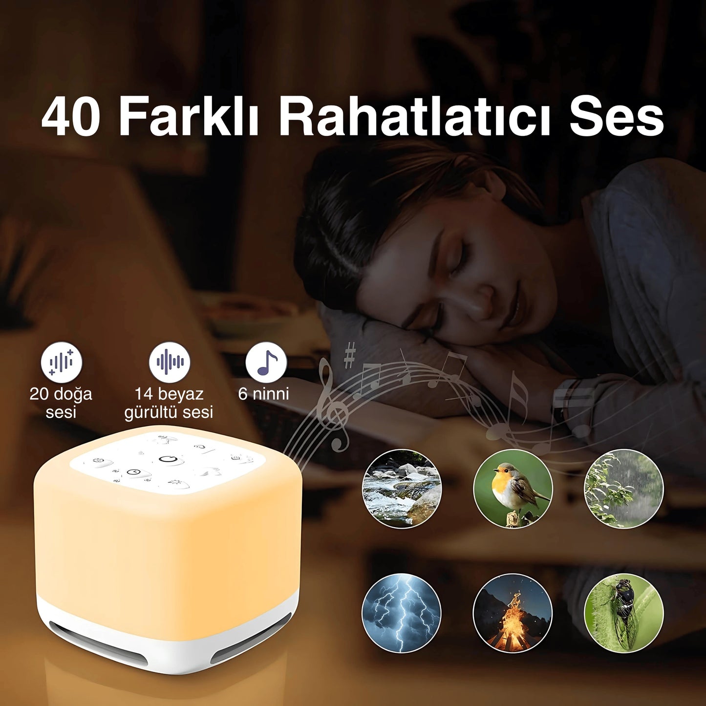 Ezliva Uyku Uzmanı | Beyaz Gürültü Makinesi & Bluetooth Hoparlörlü Renkli Gece Lambası (40 Farklı Ses, Zamanlayıcı ve Şarjlı)