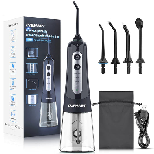 INSMART YXY801 Cordless Water Flosser - 4 Modes, 6 Nozzles, 300ML (Black Grey) - water flosser​, oral irrigator, dental water jet, best water flosser, cordless water flosser, portable water flosser, water flosser for braces, water flosser for implants, Water Flosser Reviews, Teeth Cleaner, Water flosser benefits, Buy Water Flosser, Travel Water Flosser