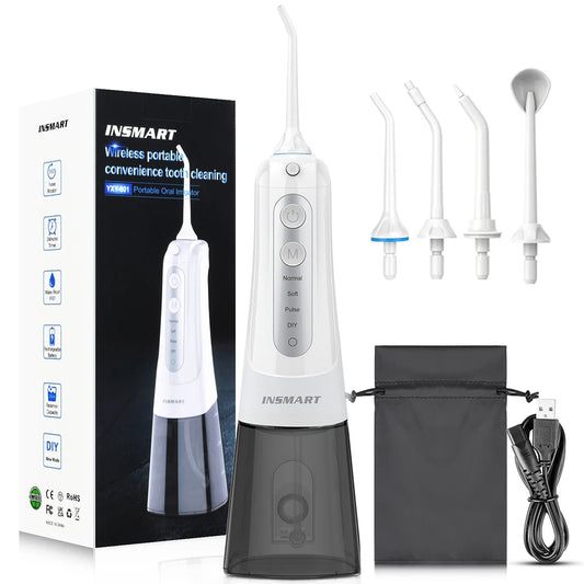 INSMART YXY801 Cordless Water Flosser - 4 Modes, 6 Nozzles, 300ML (White Grey) - water flosser​, oral irrigator, dental water jet, best water flosser, cordless water flosser, portable water flosser, water flosser for braces, water flosser for implants, Water Flosser Reviews, Teeth Cleaner, Water flosser benefits, Buy Water Flosser, Travel Water Flosser